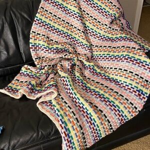 VTG Hand Knit Blanket Afghan Granny Throw Blanket 54" X 39" Rainbow cottage Gift
